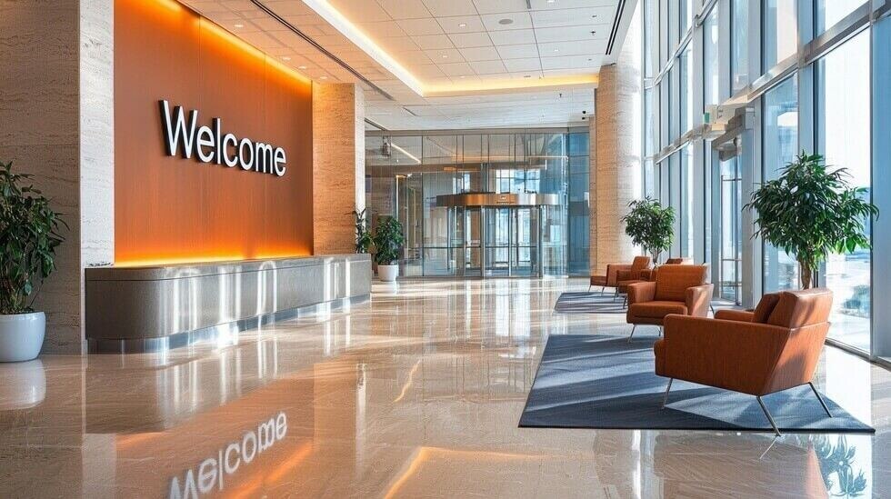 bright and spacious office lobby showcases contemporary design elements, including comfortable seating, polished floors, and welcoming signage
