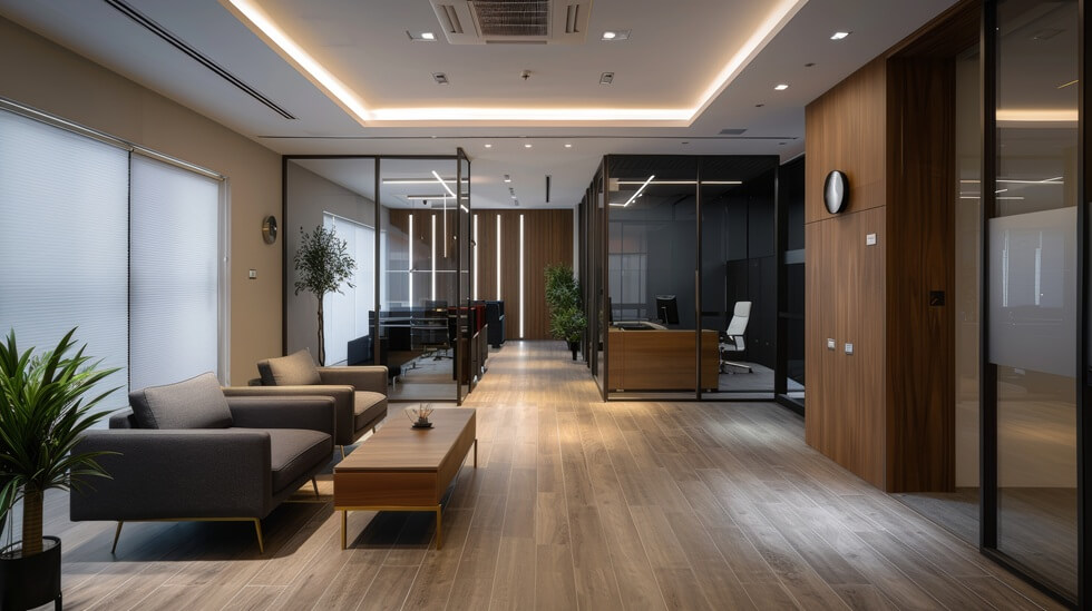 modern office interior design featuring open-concept layout with sleek furniture, glass partitions, and natural lighting for a contemporary workspace