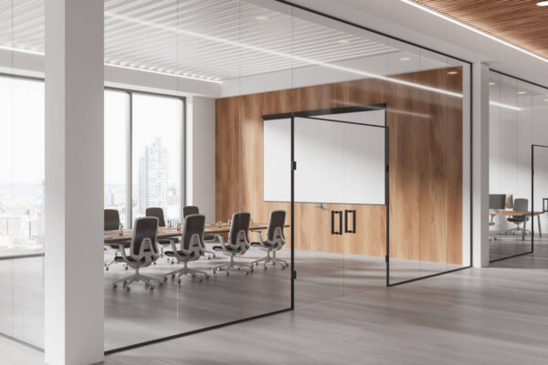 modern open office interior with glass walls
