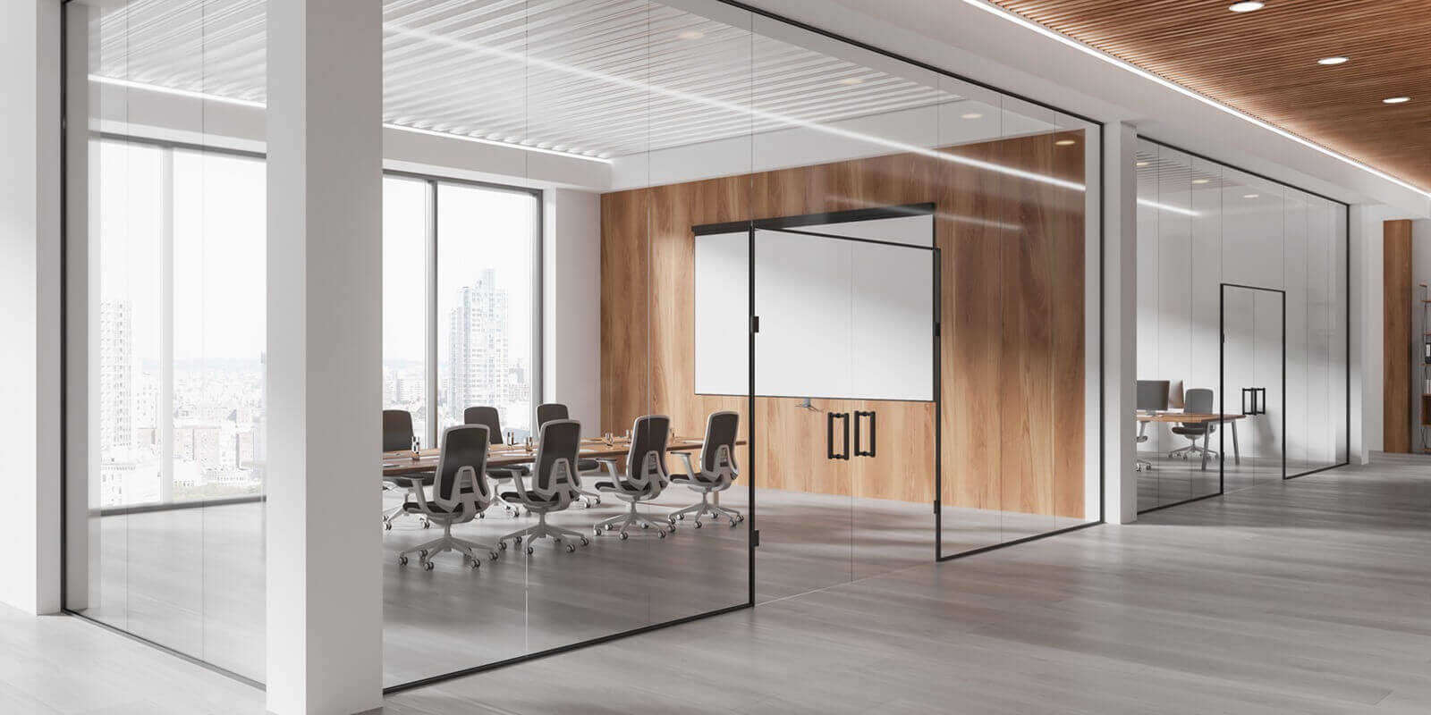 modern open office interior with glass walls