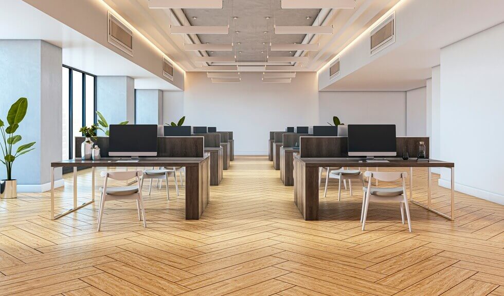 modern open-plan office interior with wooden floors