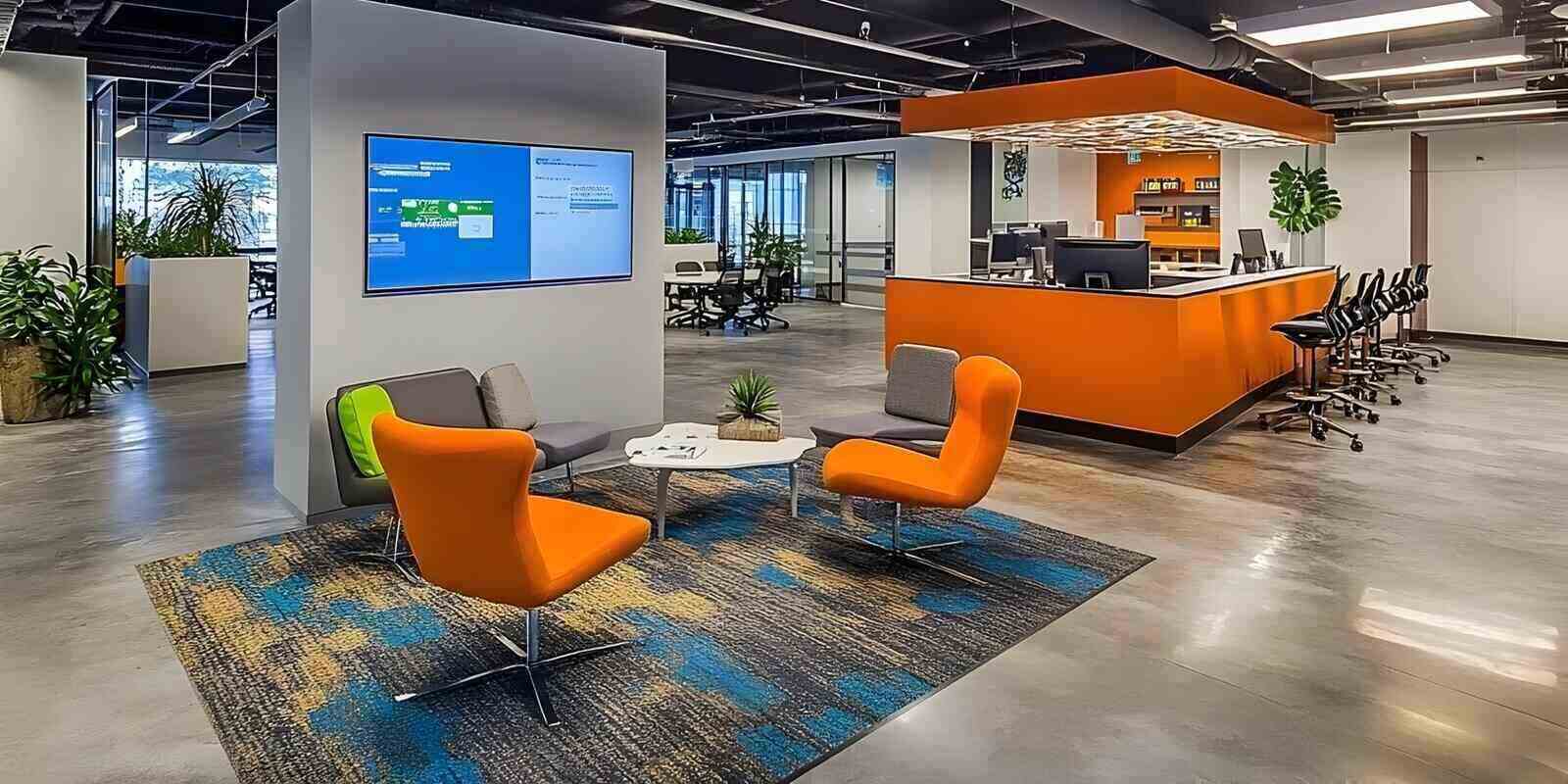 office interior signage mockups - Modern office space with seating, a reception area, and digital display