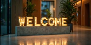 illuminated welcome sign on a gray counter with indoor plant