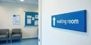 british hospital waiting room sign points towards empty clean corridor
