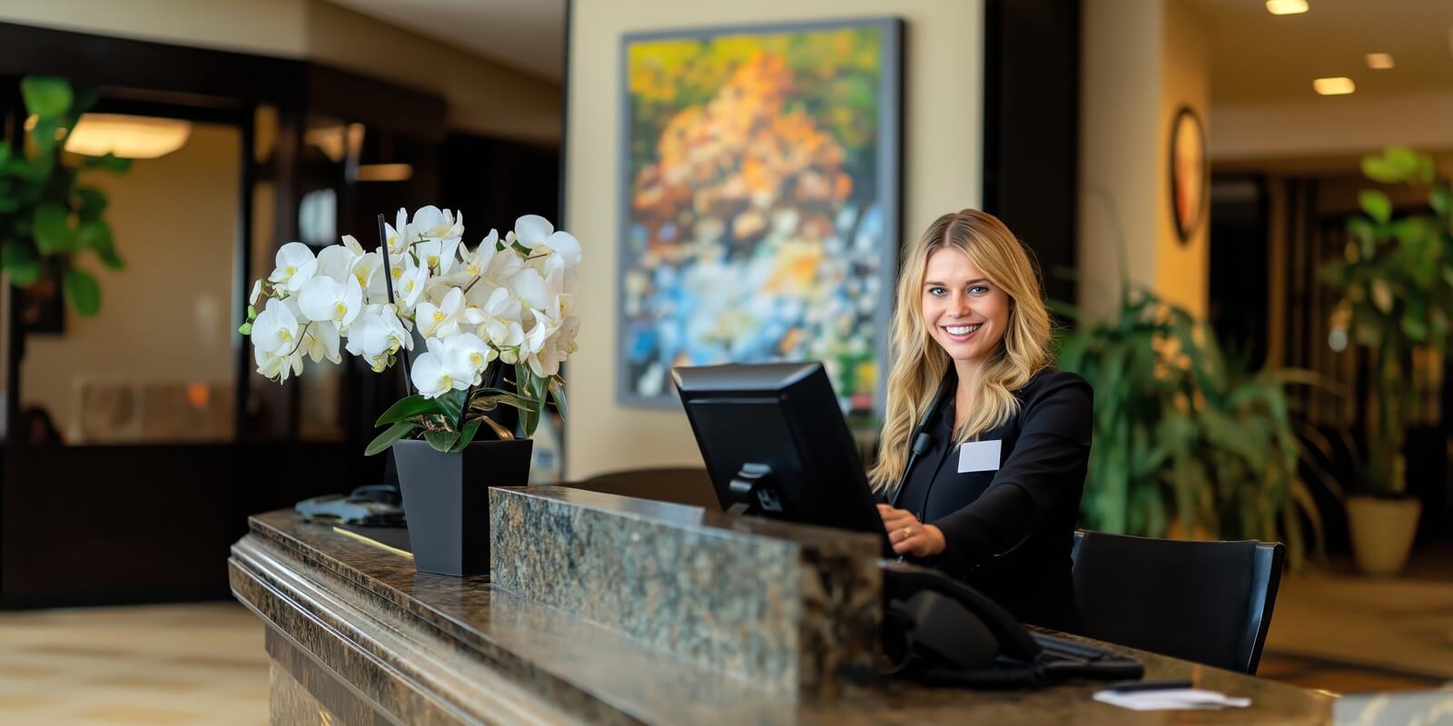 smiling hotel receptionist at front desk