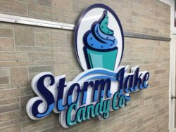 custom sign in powder coated finish for the storm lake candy company