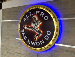 All-Pro Tae Kwon Do round sign with a gold kicking figure inside a ring of values, backed by a blue LED halo.