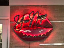 The You Nique lips sign straight on, the red halo spreading over the brick behind the gloss lips.