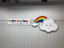 Meme's Play Space nameplate beside a rainbow and a smiling cloud, mounted on a playroom wall.