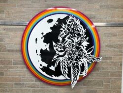 Moonflower Nature round wall piece, a white flowering branch cut over a black moon inside a rainbow ring.