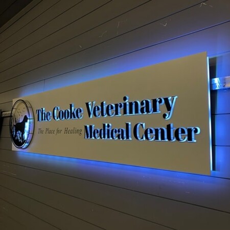 The Cooke Veterinary Medical Center sign running along the corridor wall, halo-lit LED and glowing blue.