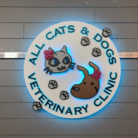 Halo-lit layered aluminum logo sign for All Cats And Dogs Veterinary Clinic in white and black teal, glowing blue.