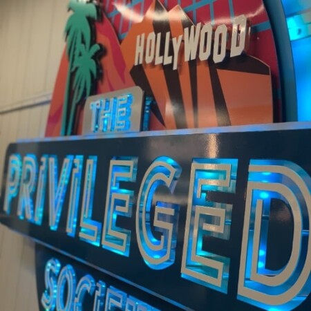 The Privileged Society sign close and angled, blue light raking through the outlined letters.
