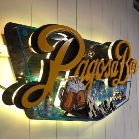 Pagosa Bar vinyl sign with gold script over a mountain scene and beer steins, Just a Local Dive since 1933.