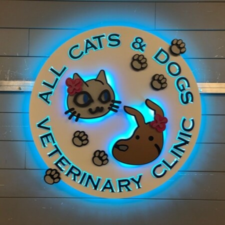 All Cats and Dogs Veterinary Clinic round metal sign with cat and dog artwork and blue halo lighting.